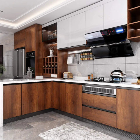 Modern kitchen with Walnut Wood Grain Contact Paper Peel And Stick Self Adhesive Vinyl Wrap for cabinets and countertops.