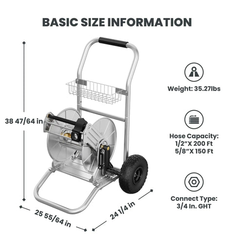 Garden Hose Reel Cart With Wheels Stainless Steel Heavy Duty Hose Storage Carrier For Outdoor Use 200 Feet Of One Half Inch Capacity Mobile Water Hose Reel Cart with size and weight details.