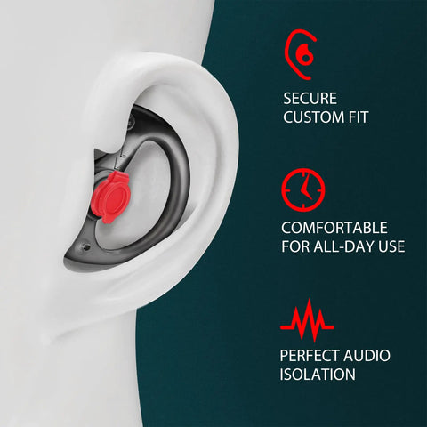 Close-up of a Triple Flanged Silicone Earpiece Earmold Earbud Earplug Black Medium in ear, showing fit and comfort features.