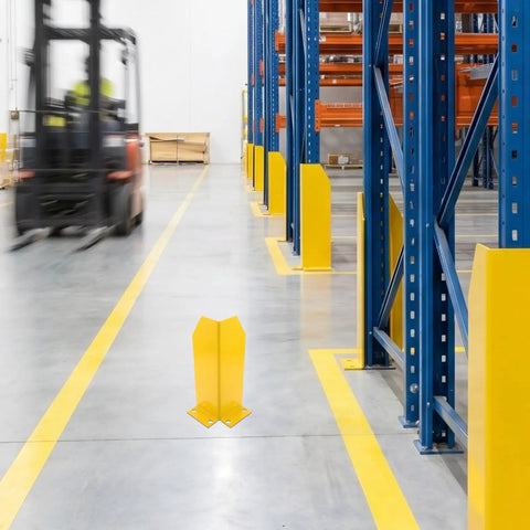 Heavy Duty Steel Pallet Rack Guard With Double Sided Upright Impact Shield For Warehouse Forklift Smash Protection Storage Column Bumpers And Rack Leg Armor