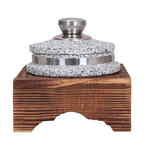 Granite Stone Bowl With Lid For Korean Style Cooking, Heavy Duty Stone Pot With Wood Base, great for rice cooker and ceramic casserole, 14 cm diameter