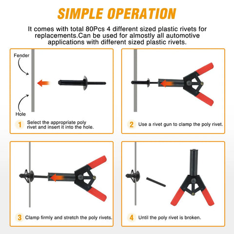 Step-by-step guide using 82Pcs Plastic Rivet Gun Set with fastener remover for car door upholstery and clips installation.