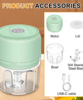 Chill Out With This Tiny Wireless Garlic Chopper That Zips Mini Food Processing, showing green motor, bowl, stainless steel blades, lid, USB-C cable.