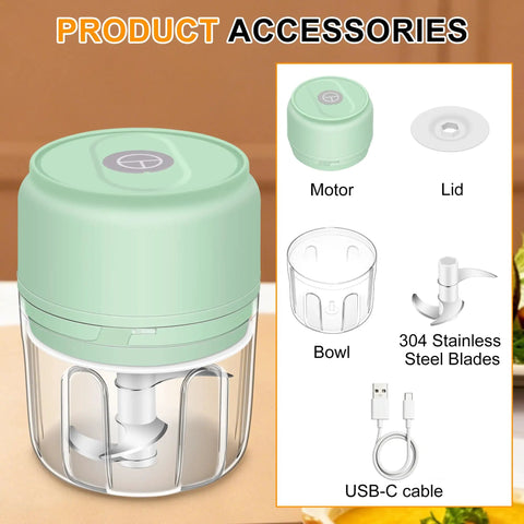 Chill Out With This Tiny Wireless Garlic Chopper That Zips Mini Food Processing, showing green motor, bowl, stainless steel blades, lid, USB-C cable.