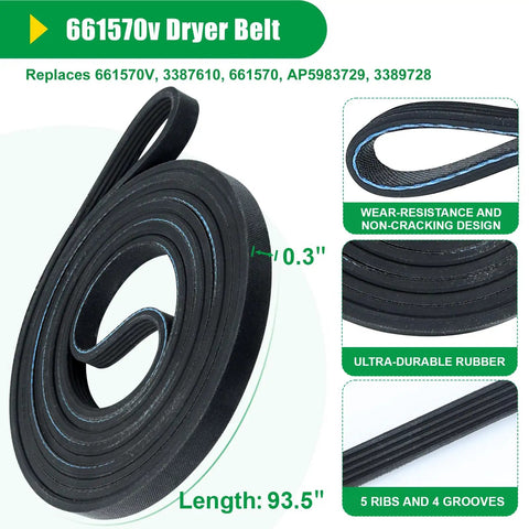 Upgraded Whirlpool Dryer Repair Kit With Hella Durable 4392067 Parts And Wpw10314173 Drum Rollers Rock Solid Polymer Construction For Smooth Daily Operation, 661570v dryer belt, 93.5" long, wear-resistant rubber