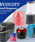 Assorted Westcott pencil sharpeners including electric and manual designs, various colors, for perfect pencil points.