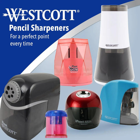 Assorted Westcott pencil sharpeners including electric and manual designs, various colors, for perfect pencil points.