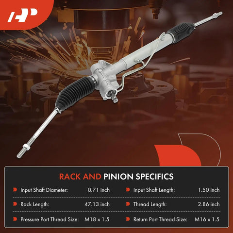 Hydraulic Power Steering Rack And Pinion Direct Fit Replacement For Chrysler LeBaron 1991 1992 1993 Daytona 1991 1992 1993 Shadow 1989 1994 Spirit 1991 1992 1993 1994 1995 Plymouth Acclaim 1991 1992 1993 1994 1995 And Sundance Left Hand Drive Only product showing specifications on a diagram.