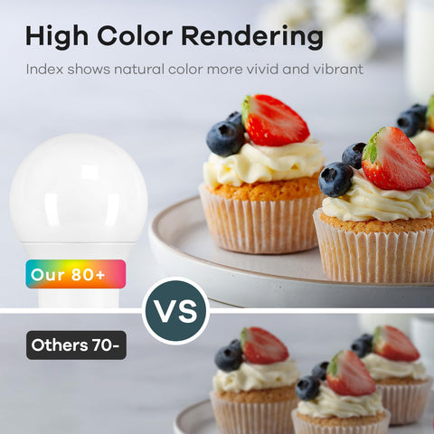 Comparison of Dimmable A19 LED Bulbs 9W high color rendering vs others, showcasing vibrant cupcake colors, 800 Lumens, 2700K glow.