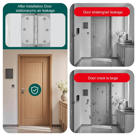 Before and after using Door Hinge Shims Repair Kit, showcasing door alignment improvement and air leakage reduction.