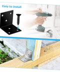 Built Tough Iron Corner Brackets For Cabinet Repair with included screws, installed on a wooden frame for shelf support.