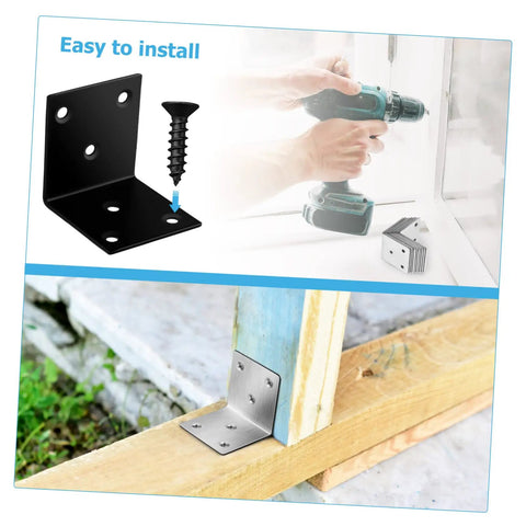Built Tough Iron Corner Brackets For Cabinet Repair with included screws, installed on a wooden frame for shelf support.