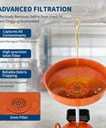Upgrade Your Shop With This Tough 8 Gallon Waste Oil Drain Tank Featuring An Adjustable Funnel, Portable Air Operated Drainer For Fluid Transfer, Heavy Duty Rust Proof Steel Build With Wheels And Toolbox Storage showing advanced filtration process with orange funnel.