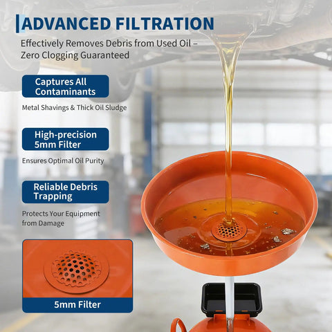 Upgrade Your Shop With This Tough 8 Gallon Waste Oil Drain Tank Featuring An Adjustable Funnel, Portable Air Operated Drainer For Fluid Transfer, Heavy Duty Rust Proof Steel Build With Wheels And Toolbox Storage showing advanced filtration process with orange funnel.