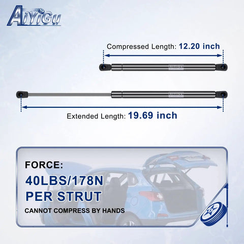 Solid 20 Inch Gas Struts And Lift Supports, showing compressed and extended lengths, with 40 lbs pull per piece for truck hood use.