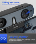 Premium 2K Webcam With Built In Speaker And Noise Canceling Mic, Straight Up Crisp Video For PC, Zoom, Teams And Streaming, Privacy Shutter, Rapid Autofocus And Low Light Setup close-up of sliding lens cover