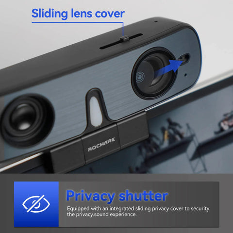 Premium 2K Webcam With Built In Speaker And Noise Canceling Mic, Straight Up Crisp Video For PC, Zoom, Teams And Streaming, Privacy Shutter, Rapid Autofocus And Low Light Setup close-up of sliding lens cover