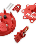 Distributor Cap And Rotor Kit Red For High Performance Ignition System Upgrade Low Resistance Brass Contacts Resists Carbon Tracking Street Ready Replacement Part For Reliable Spark And Maximum Voltage Transfer red MSD kit with cap, rotor, and screws