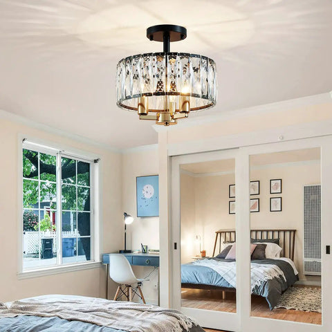 Crystal K9 3 Light Semi Flush Ceiling Light Fixture With Sparkling Clear Crystal Sticks Shine Gold And Matte Black Finish Modern Glam Look For Living Room Bedroom And Dining Room D13 x H15 Easy Mount And Ambient Lighting