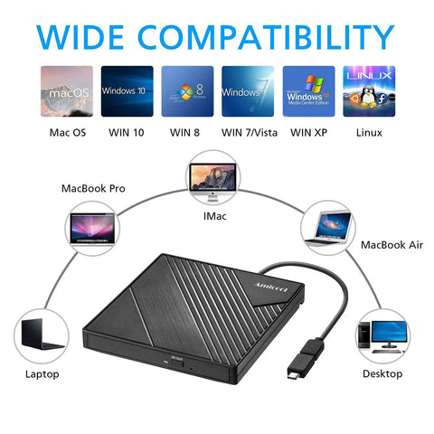 External DVD Drive USB 3.0 And USB C Slim Portable CD DVD RW Burner For Laptop And Desktop PCs Windows Mac Linux Plug And Play Optical Drive Reader Writer Ultra Thin Travel Ready black external drive with USB-C cable and wide compatibility
