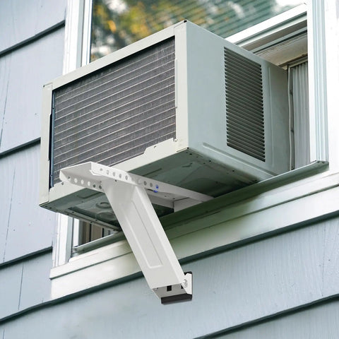 Beefy Window AC Bracket For 5000 To 12000 BTU Units supporting air conditioner, holds up to 85 lbs, installed on window sill