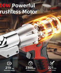 800W brushless motor of Cordless Metal Cutter With Rotating Head, highlighting 21V max battery and 221 ft-lbs torque.