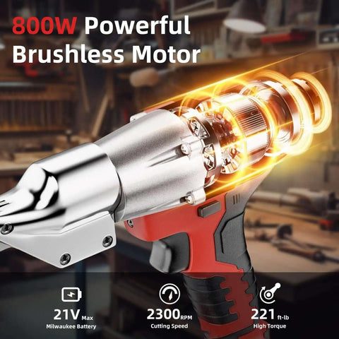 800W brushless motor of Cordless Metal Cutter With Rotating Head, highlighting 21V max battery and 221 ft-lbs torque.