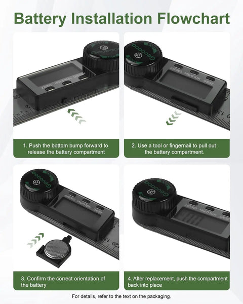 Battery installation flowchart for Heavy Duty Stainless Steel Digital Angle Finder With Dual Scale Folding Ruler And Big Clear Screen.