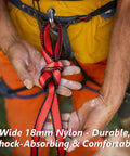 18mm Nylon Climbing Sling Runner With 23kN CE EN566 Certification, 240cm Length held by climber's hands outdoors