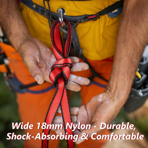18mm Nylon Climbing Sling Runner With 23kN CE EN566 Certification, 240cm Length held by climber's hands outdoors
