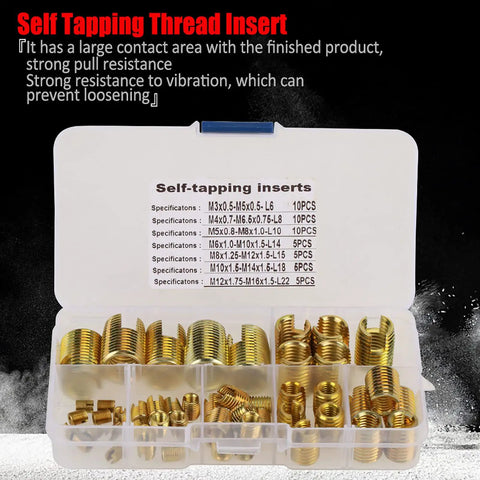 50Pcs Brass Tone Self Tapping Slotted Thread Inserts Kit For Quick Thread Repair No Pre Threading Needed Strong Tensile Strength And Vibration Resistant Easy To Use Thread Repair Tool Set, open case