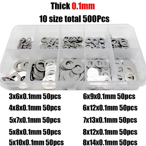 Ultra Thin Stainless Steel Flat Washer And Shim Set M2 Through M8 Gasket Assortment Kit 500 750 1200 Pcs 304 316 Stainless With Smooth Edges For Tight Fit And Compact Assemblies Pro Grade Space Saving, 0.1mm washer box