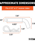 Diagram of Beefy Heavy Duty Trailer Hitch Pin And Clip With Grooved Head, Five Eighths Inch, for 2.5 or 3 Inch Receivers, dimensions included.