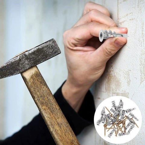 Hand installing heavy duty drywall anchors and screws kit for a rock solid fix in offices and commercial spaces self drilling hollow wall anchors zinc alloy and iron 20 sets great for hanging bathrooms and kitchens and more.