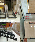 Slick Floor Standing Tile Display Rack, Sturdy 10 To 12 Layer Wood Sample Organizer For Flooring And Building Materials, freestanding black steel rack with tiles arranged.