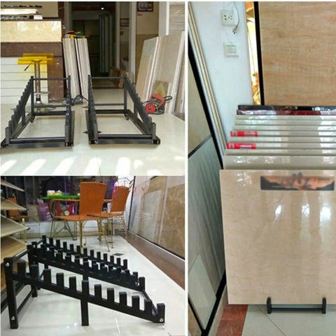 Slick Floor Standing Tile Display Rack, Sturdy 10 To 12 Layer Wood Sample Organizer For Flooring And Building Materials, freestanding black steel rack with tiles arranged.