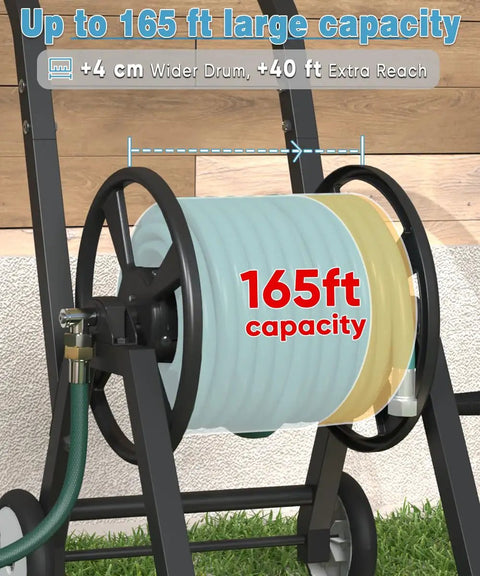 Heavy Duty Garden Hose Reel Cart With Wheels Holds 165 Feet Of Five Eighth Inch Hose In Outdoor Powder Coated Steel Water Storage Rack Includes 3.9 Foot Leader Hose For Yard And Lawn Use Built To Last showing 165 ft capacity
