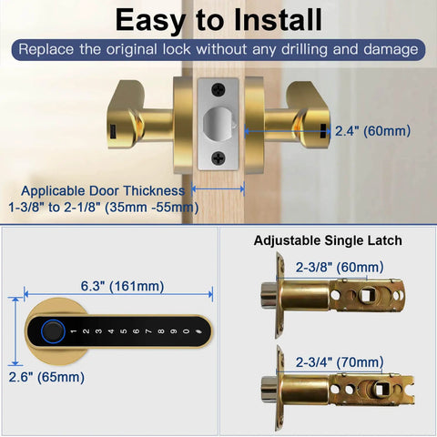 Fingerprint Door Lock With Keypad Handle And App Unlock Keyless Entry Biometric Smart Door Knob For Bedroom Hotel And Apartment Digital Lock In Gold Finish