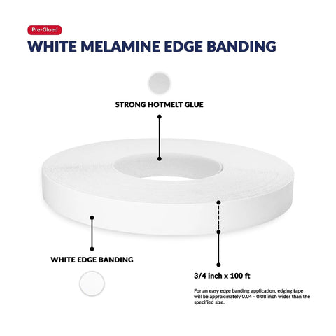 White Melamine Edge Banding Tape Iron On Adhesive For Cabinets And Furniture Three Quarters Inch By 100 Feet roll with glue details