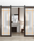 Double Barn Door With Frosted Glass Modern Solid Panel Interior Sliding Door Kit 84 By 96 Inches shown in living space