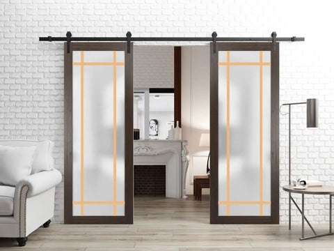 Double Barn Door With Frosted Glass Modern Solid Panel Interior Sliding Door Kit 84 By 96 Inches shown in living space