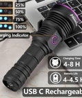 Ultra Bright 365nm UV Flashlight 36W USB C Rechargeable Black Light showing charging indicators and power button on laptop