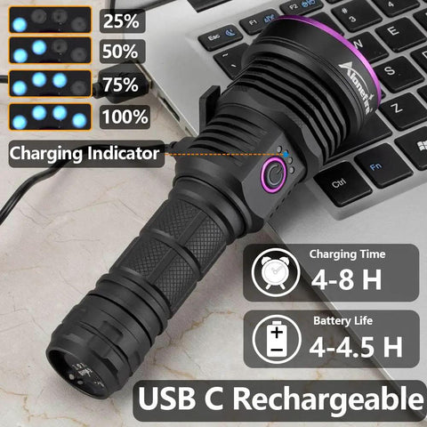 Ultra Bright 365nm UV Flashlight 36W USB C Rechargeable Black Light showing charging indicators and power button on laptop