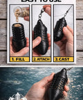 Hand holding black scent disperser for fishing with adjustable flow control and weighted sinker in the strike zone underwater.