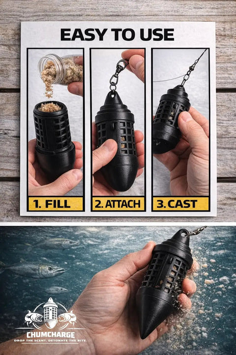 Hand holding black scent disperser for fishing with adjustable flow control and weighted sinker in the strike zone underwater.