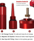 Extended run fuel cap, no mess oil change funnel and magnetic dipstick in red aluminum for EU1000i EU2000i EU3000i generators four pack