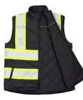 Black side of Reversible Insulated Safety Vest With X Back Reflective Tape Jobsite Ready Hi Vis Lime Side Meets ANSI ISEA 107 2020 Class 2 Type R And CSA Black Side Meets ANSI ISEA 107 2020 Class 1 Type O Durable Work Bodywarmer