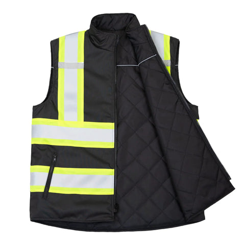 Black side of Reversible Insulated Safety Vest With X Back Reflective Tape Jobsite Ready Hi Vis Lime Side Meets ANSI ISEA 107 2020 Class 2 Type R And CSA Black Side Meets ANSI ISEA 107 2020 Class 1 Type O Durable Work Bodywarmer