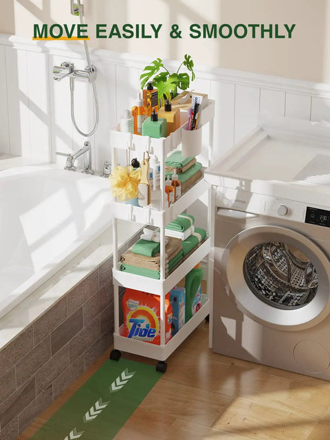 Slim Rolling Storage Cart Four Tiers For Narrow Spaces Mobile Bathroom And Kitchen Organizer With Slide Out Shelves White Finish