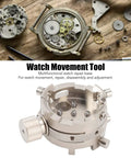 Pro Grade Stainless Steel Watch Movement Base Holder For Repairs And Adjustments with components on a wooden surface.